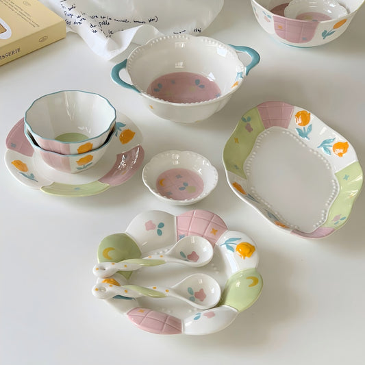 Underglaze color ceramic tableware set for home use, including bowls, plates and dishes